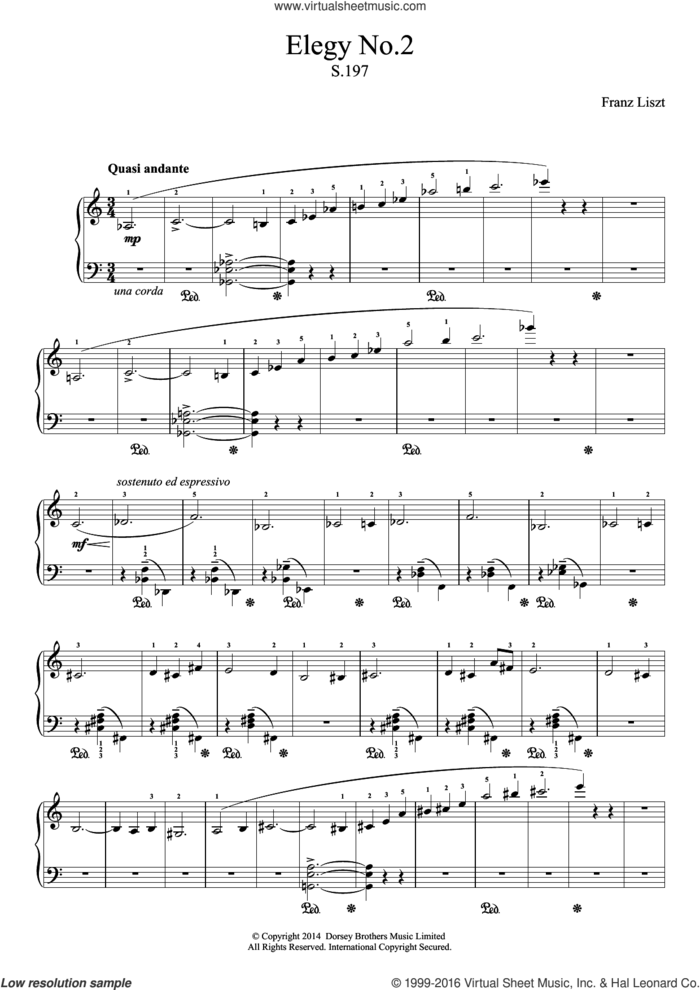 Elegy No.2 sheet music for piano solo by Franz Liszt, classical score, intermediate skill level