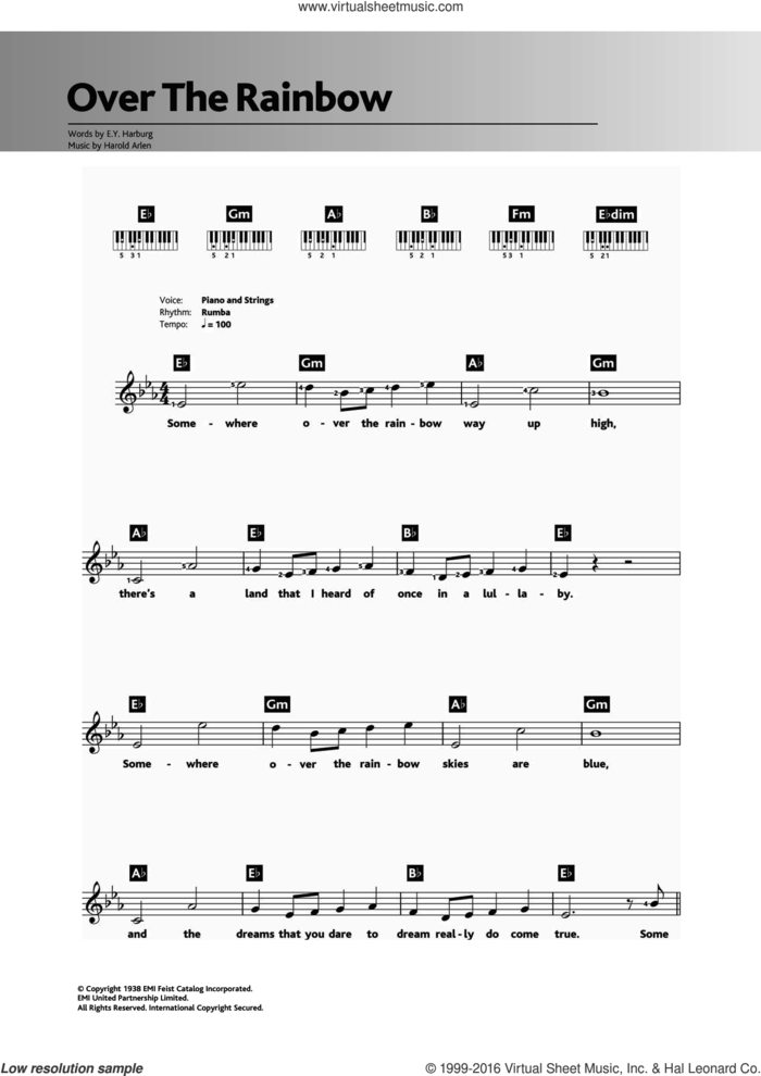 Over The Rainbow (from 'The Wizard Of Oz') sheet music for piano solo (chords, lyrics, melody) by Judy Garland, Eva Cassidy, Harold Arlen and E.Y. Harburg, intermediate piano (chords, lyrics, melody)
