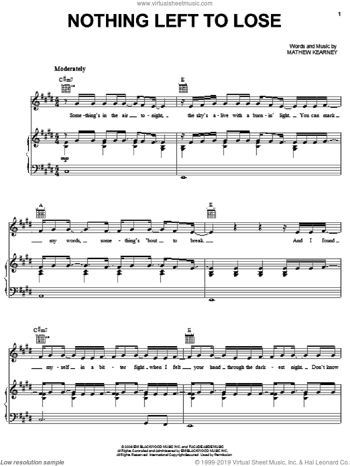 Nothing Left To Lose sheet music for voice, piano or guitar by Mat Kearney and Mathew Kearney, intermediate skill level