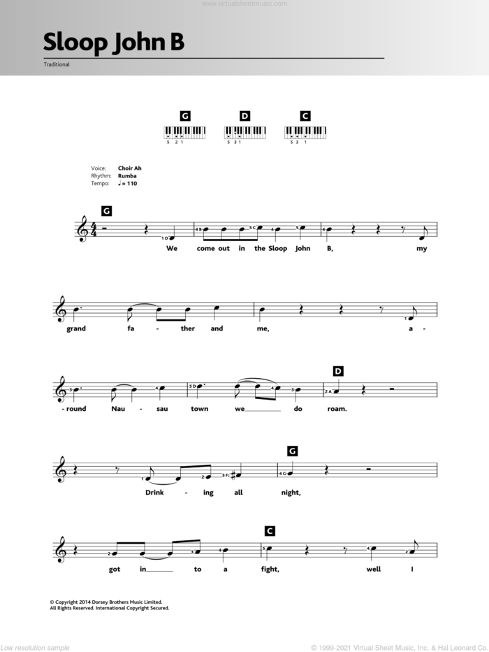 Sloop John B sheet music for piano solo (chords, lyrics, melody)  and The Beach Boys, intermediate piano (chords, lyrics, melody)