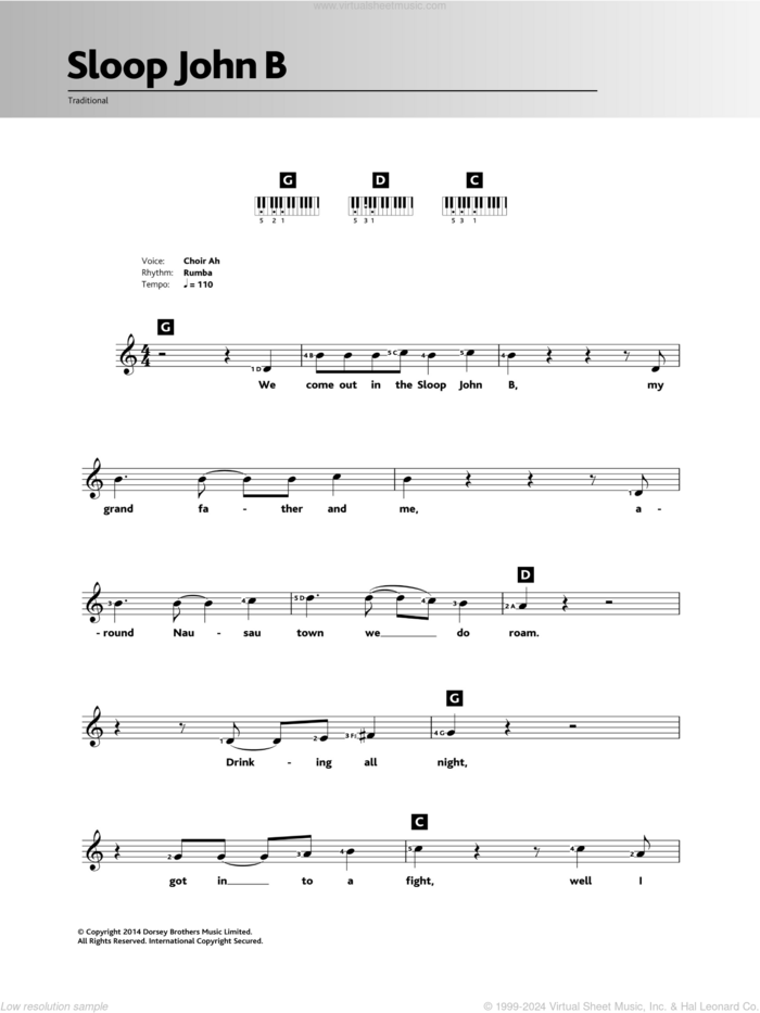 Sloop John B sheet music for piano solo (chords, lyrics, melody)  and The Beach Boys, intermediate piano (chords, lyrics, melody)