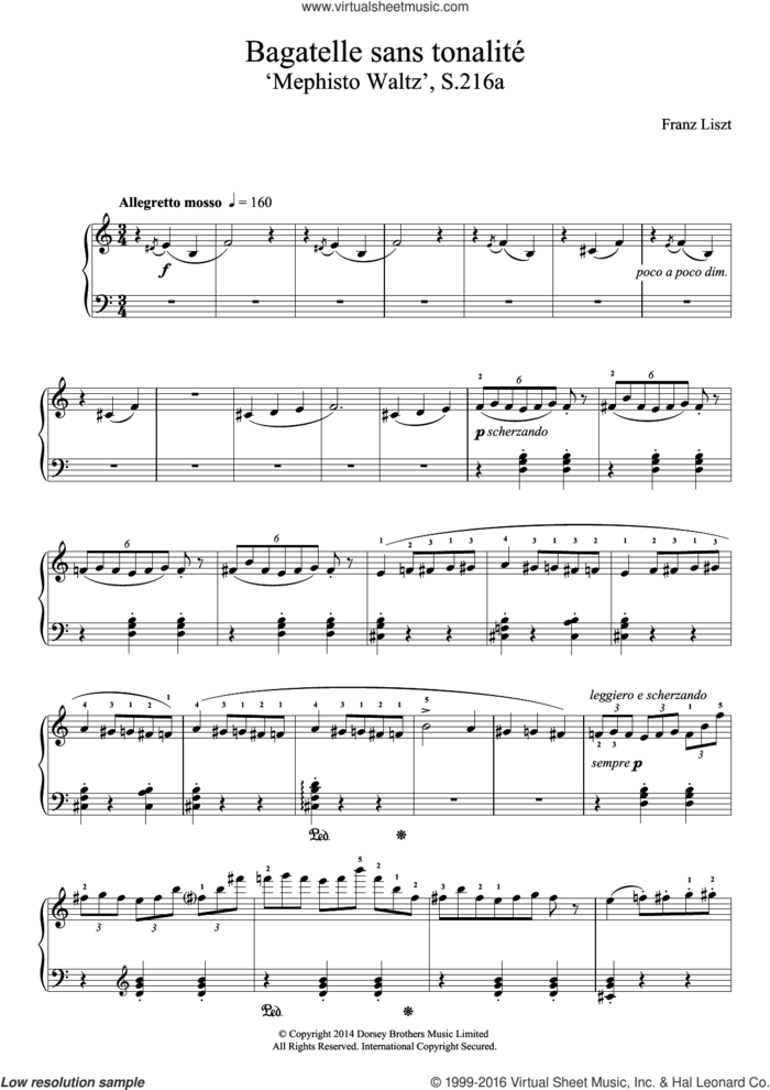 Bagatelle Sans Tonalite (Fourth Mephisto Waltz) sheet music for piano solo by Franz Liszt, classical score, intermediate skill level