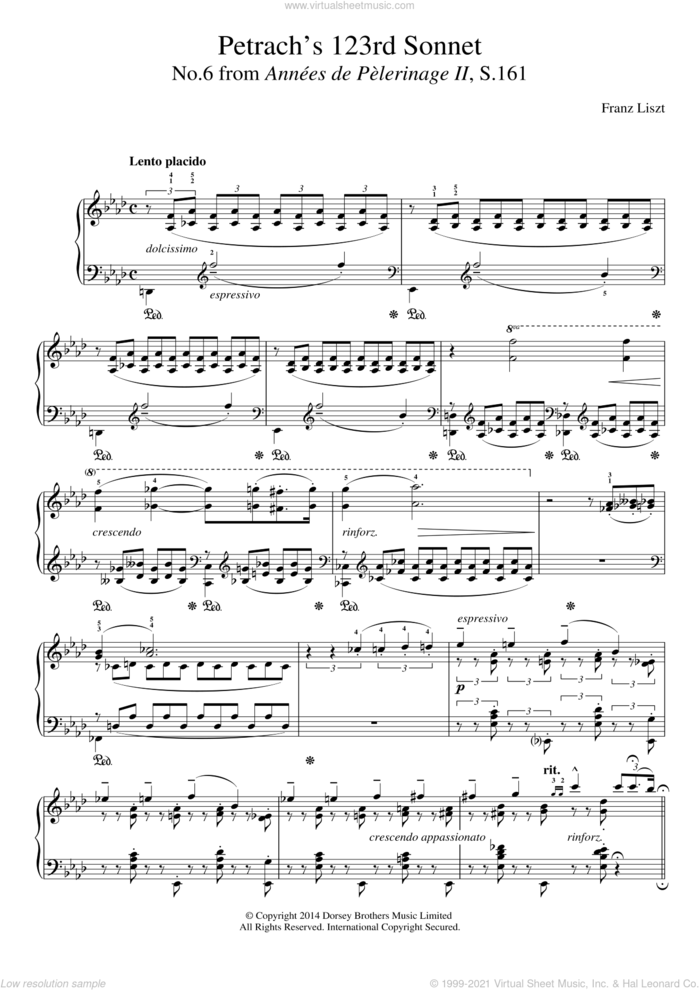 Annees De Pelerinage II, No.6: Petrarch's 123rd Sonnet sheet music for piano solo by Franz Liszt, classical score, intermediate skill level