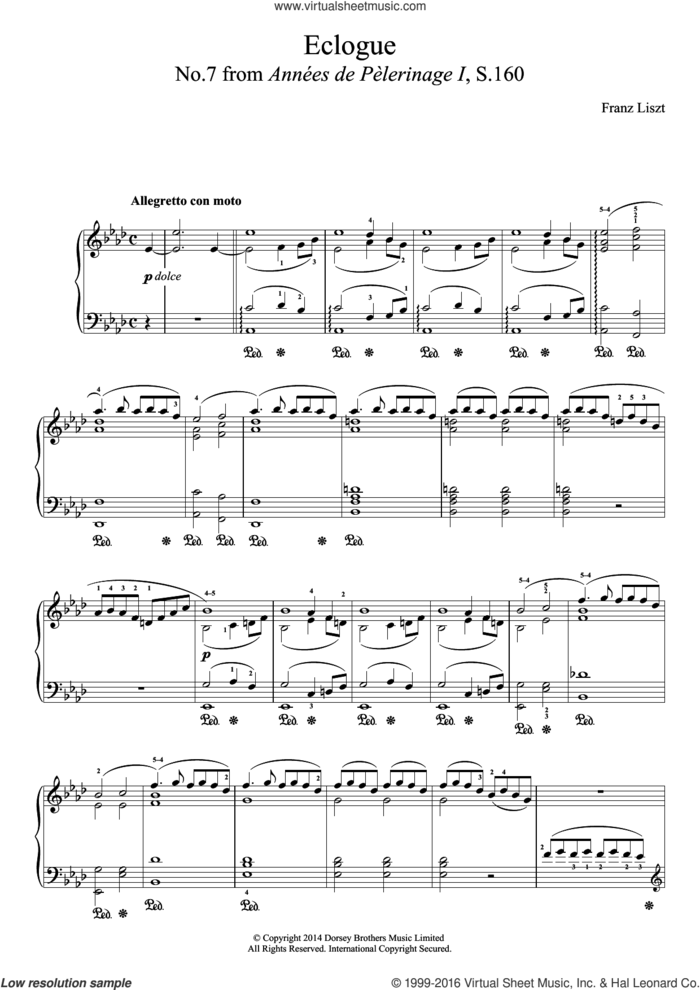 Annees De Pelerinage, No.7: Eclogue sheet music for piano solo by Franz Liszt, classical score, intermediate skill level