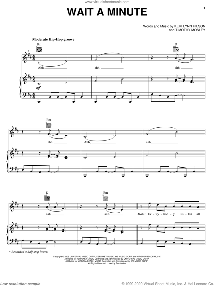 Wait A Minute sheet music for voice, piano or guitar by Pussycat Dolls featuring Timbaland, The Pussycat Dolls, Keri Lynn Hilson and Tim Mosley, intermediate skill level