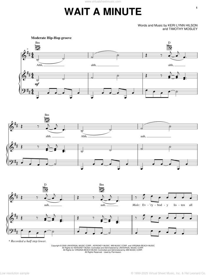 Wait A Minute sheet music for voice, piano or guitar by Pussycat Dolls featuring Timbaland, The Pussycat Dolls, Keri Lynn Hilson and Tim Mosley, intermediate skill level