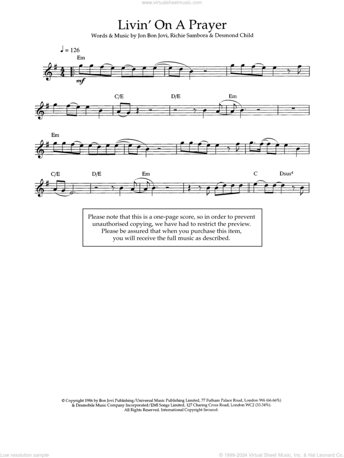 Livin' On A Prayer sheet music for flute solo by Bon Jovi, Desmond Child and Richie Sambora, intermediate skill level