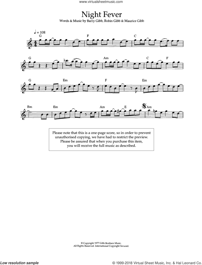 Night Fever sheet music for flute solo by Bee Gees, Barry Gibb, Maurice Gibb and Robin Gibb, intermediate skill level