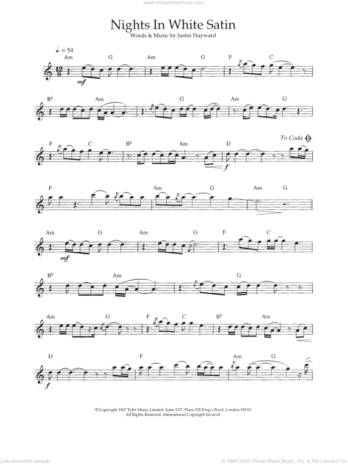 Nights In White Satin sheet music for flute solo by The Moody Blues and Justin Hayward, intermediate skill level