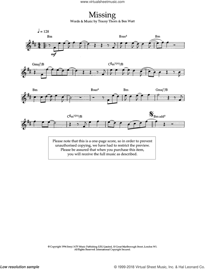 Missing sheet music for flute solo by Everything But The Girl, Ben Watt and Tracey Thorn, intermediate skill level
