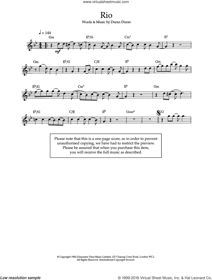 Rio sheet music for flute solo by Duran Duran, intermediate skill level