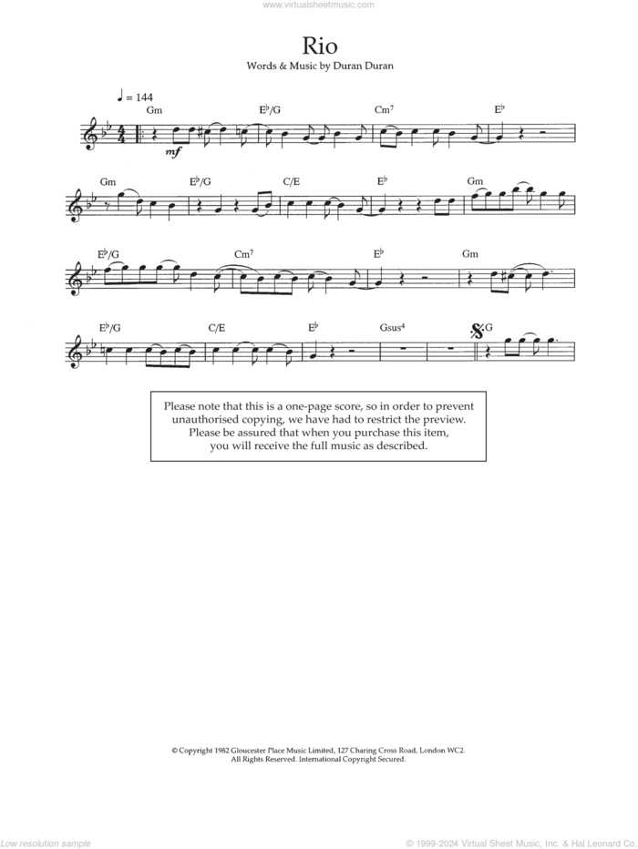 Rio sheet music for flute solo by Duran Duran, intermediate skill level