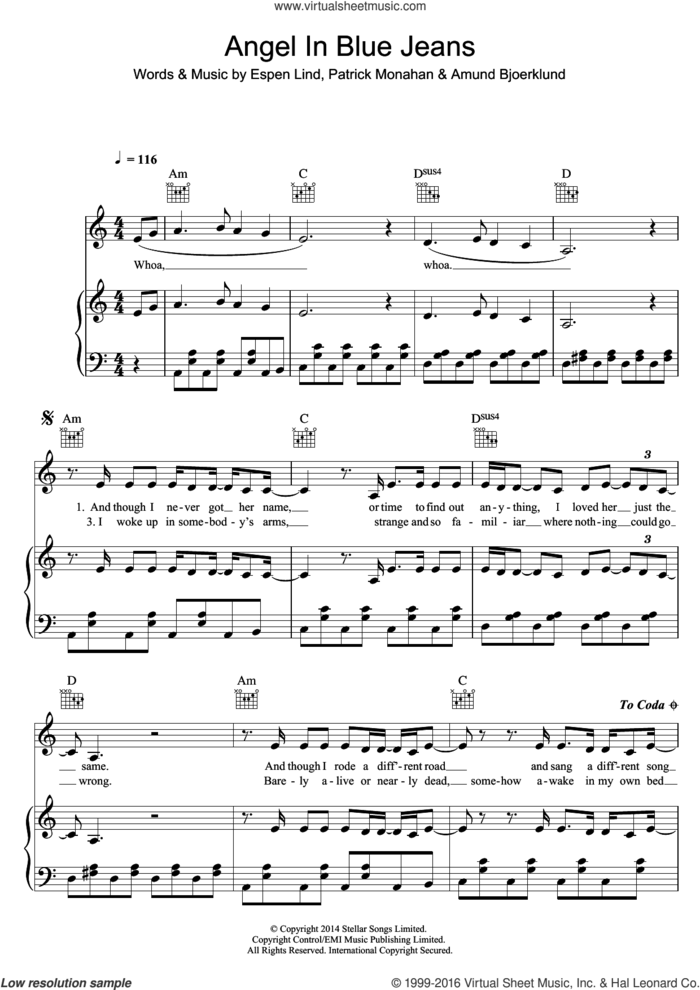 Angel In Blue Jeans sheet music for voice, piano or guitar by Train, Amund Bjoerklund, Espen Lind and Pat Monahan, intermediate skill level