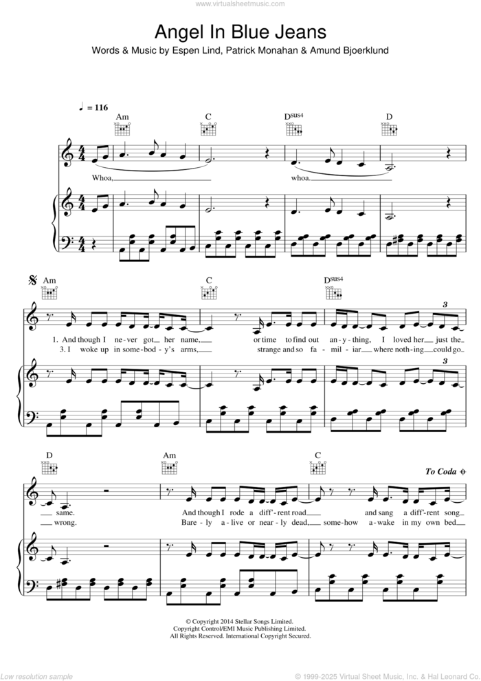 Angel In Blue Jeans sheet music for voice, piano or guitar by Train, Amund Bjoerklund, Espen Lind and Pat Monahan, intermediate skill level