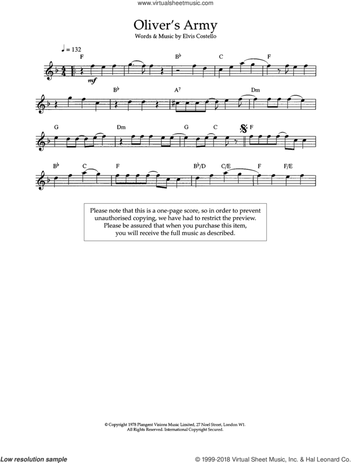 Oliver's Army sheet music for flute solo by Elvis Costello, intermediate skill level