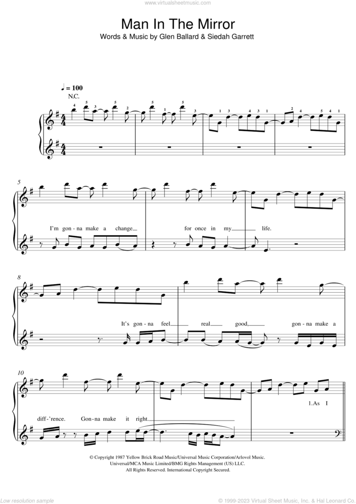 Man In The Mirror, (easy) sheet music for piano solo by Michael Jackson, Glen Ballard and Siedah Garrett, easy skill level