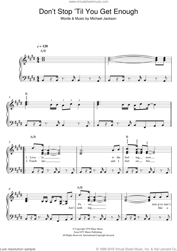 Don't Stop Till You Get Enough sheet music for piano solo by Michael Jackson, easy skill level
