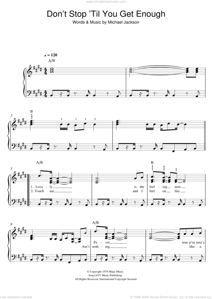 Don't Stop Till You Get Enough sheet music for piano solo by Michael Jackson, easy skill level