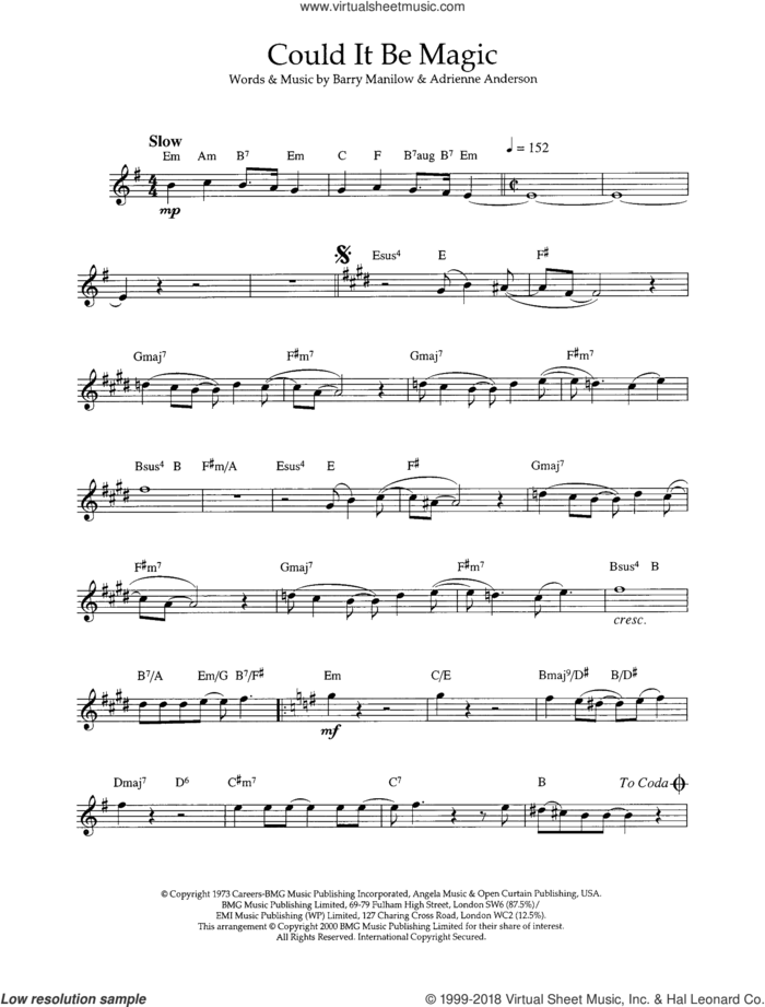 Could It Be Magic sheet music for flute solo by Barry Manilow and Adrienne Anderson, intermediate skill level