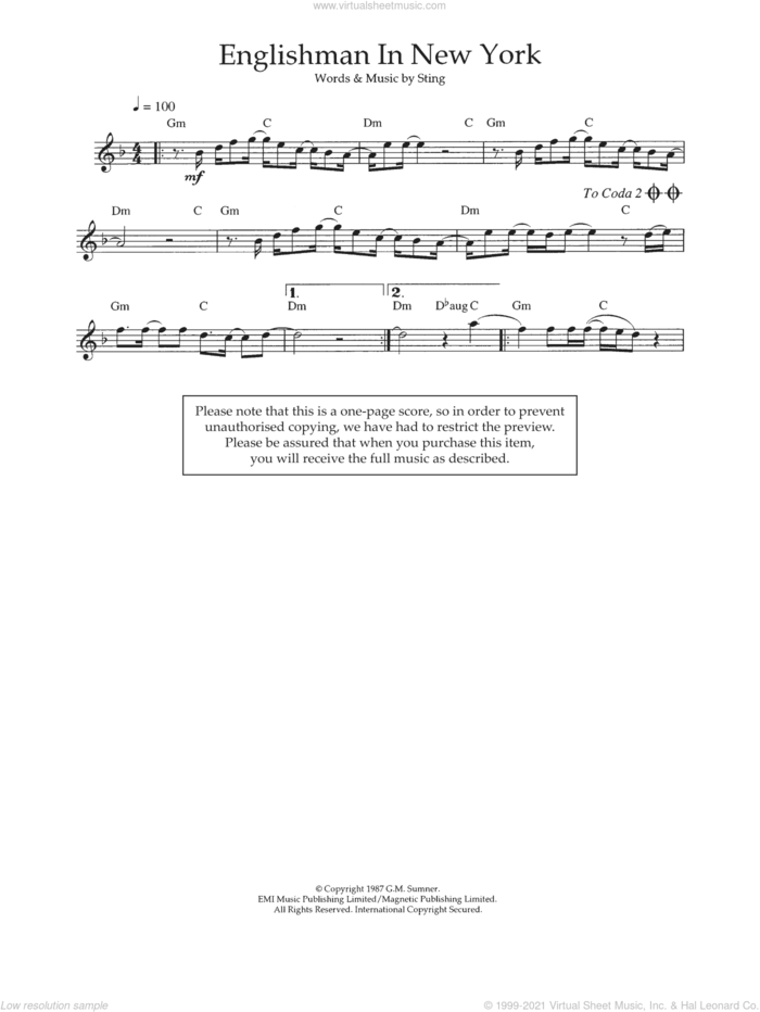 Englishman In New York sheet music for flute solo by Sting, intermediate skill level