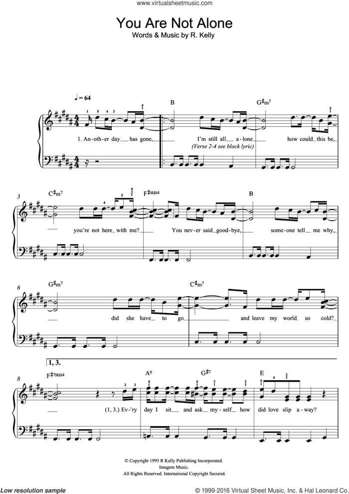 You Are Not Alone, (easy) sheet music for piano solo by Michael Jackson and Robert Kelly, easy skill level