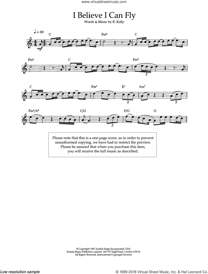 I Believe I Can Fly sheet music for flute solo by Robert Kelly, intermediate skill level