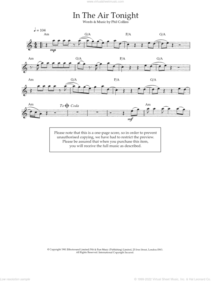 In The Air Tonight sheet music for flute solo by Phil Collins, intermediate skill level
