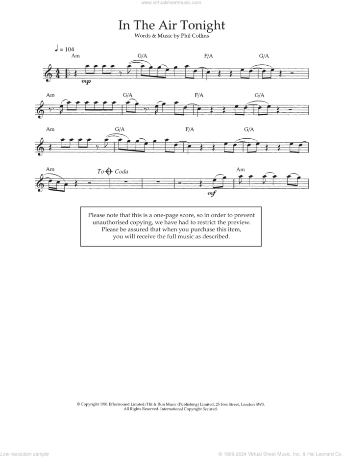 In The Air Tonight sheet music for flute solo by Phil Collins, intermediate skill level