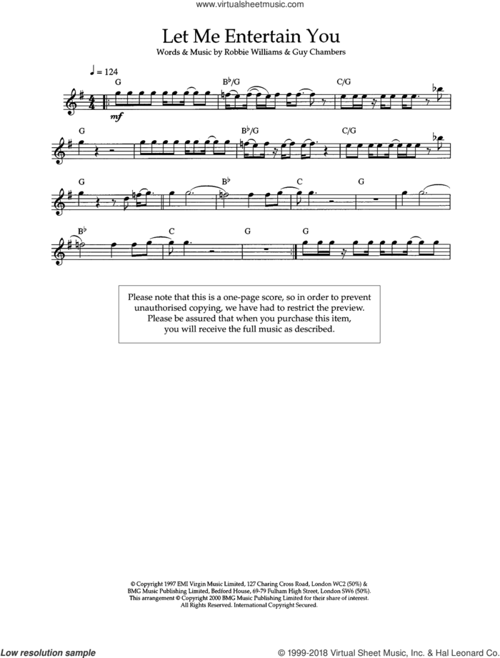Let Me Entertain You sheet music for flute solo by Robbie Williams, Robbie Wiliams and Guy Chambers, intermediate skill level