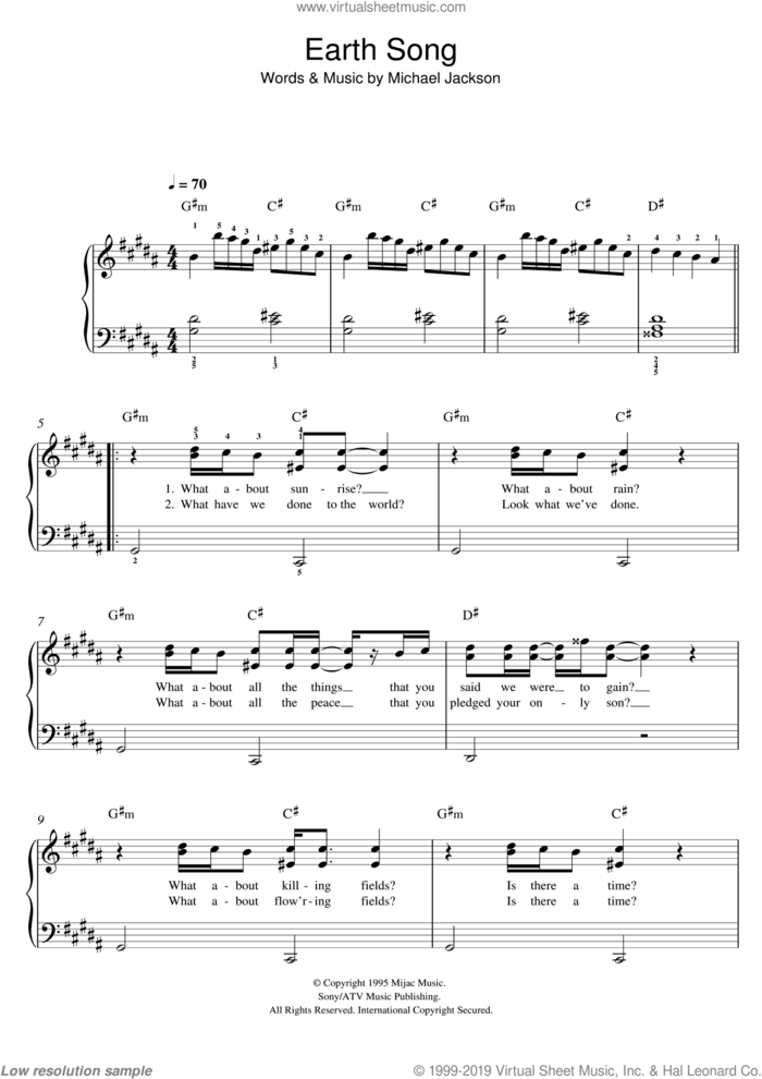 Earth Song sheet music for piano solo by Michael Jackson, easy skill level