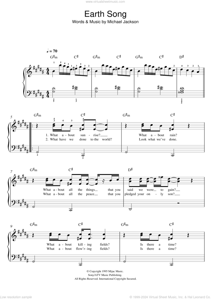 Earth Song sheet music for piano solo by Michael Jackson, easy skill level