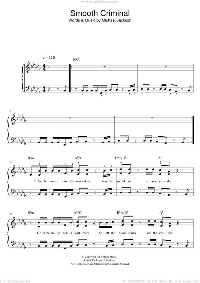 Smooth Criminal sheet music for piano solo by Michael Jackson, easy skill level