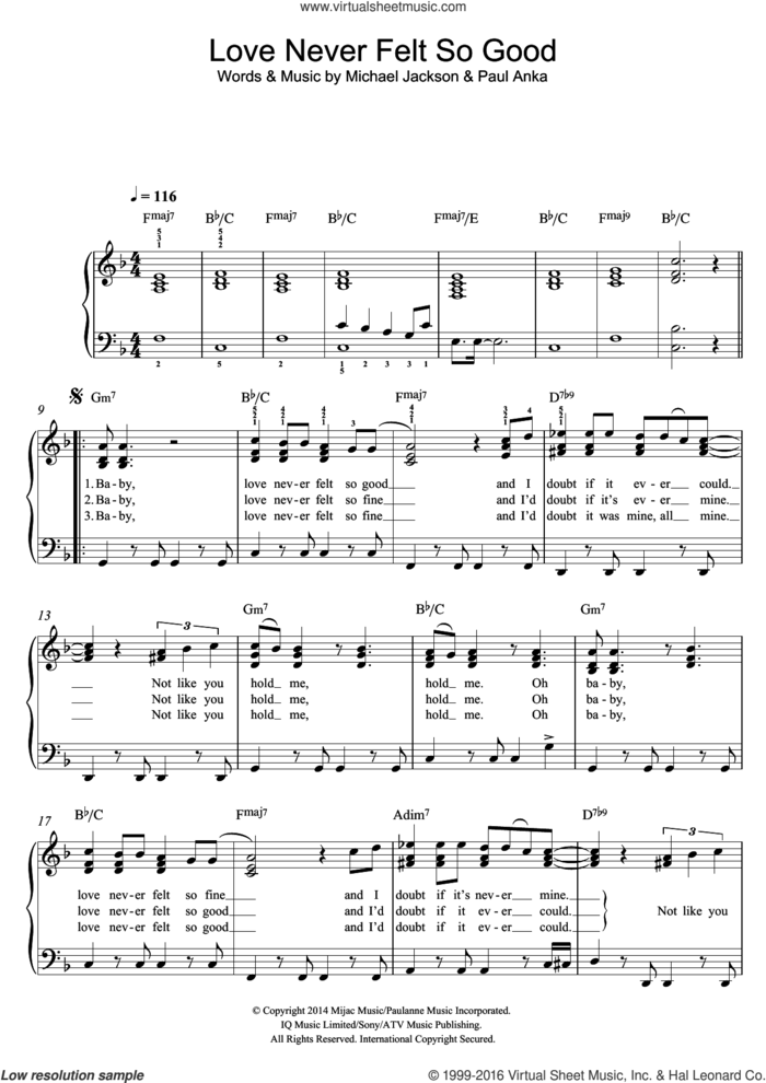Love Never Felt So Good sheet music for piano solo by Michael Jackson and Paul Anka, easy skill level