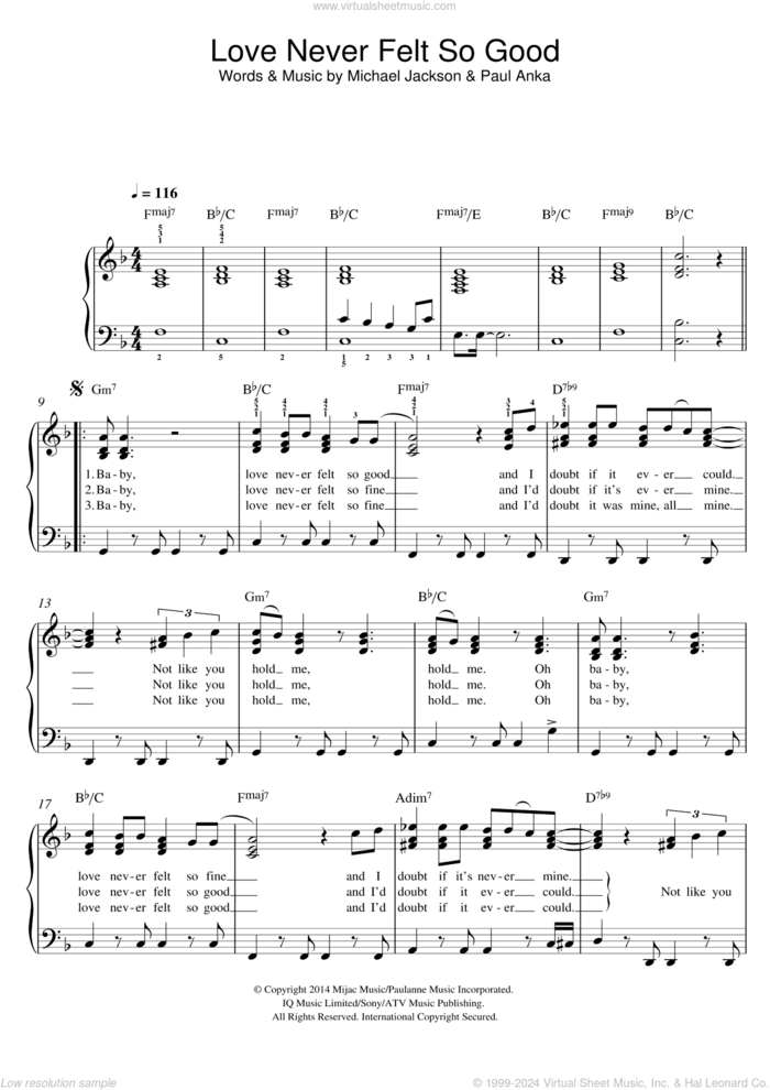 Love Never Felt So Good sheet music for piano solo by Michael Jackson and Paul Anka, easy skill level