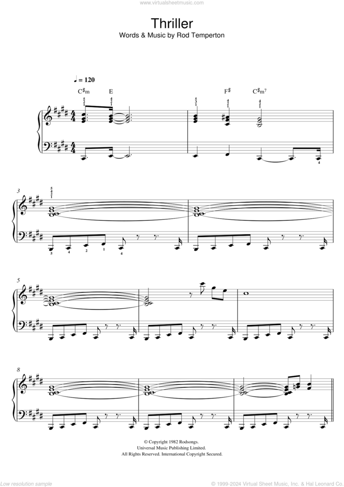 Thriller sheet music for piano solo by Michael Jackson and Rod Temperton, easy skill level