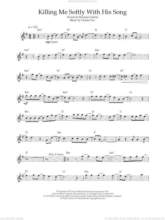 Killing Me Softly With His Song sheet music for flute solo by The Fugees, Charles Fox and Norman Gimbel, intermediate skill level