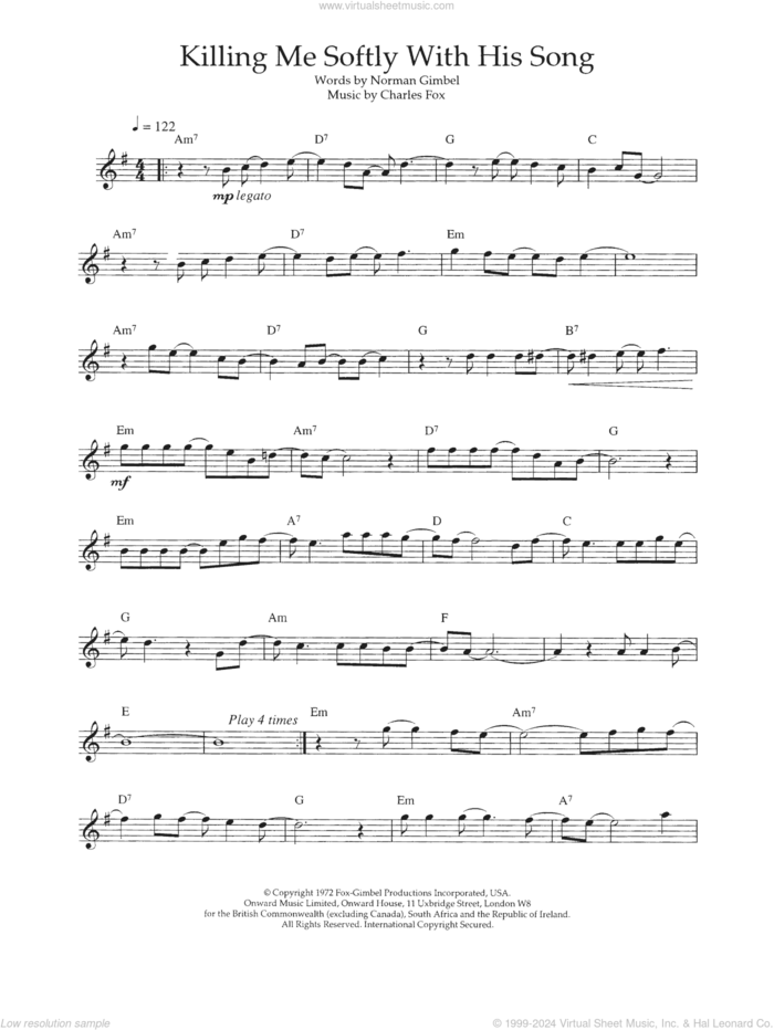 Killing Me Softly With His Song sheet music for flute solo by The Fugees, Charles Fox and Norman Gimbel, intermediate skill level