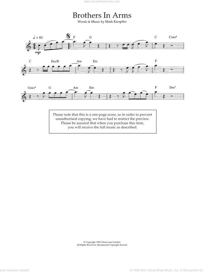 Brothers In Arms sheet music for flute solo by Dire Straits and Mark Knopfler, intermediate skill level