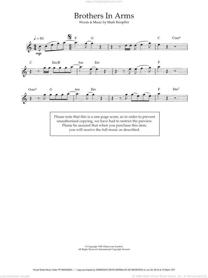 Brothers In Arms sheet music for flute solo by Dire Straits and Mark Knopfler, intermediate skill level