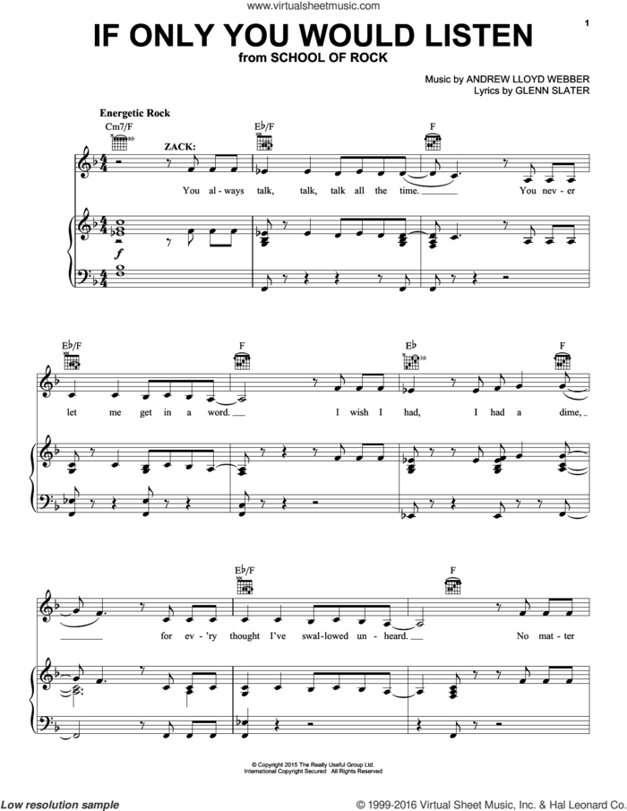 If Only You Would Listen (from School of Rock: The Musical) sheet music for voice, piano or guitar by Andrew Lloyd Webber and Glenn Slater, intermediate skill level