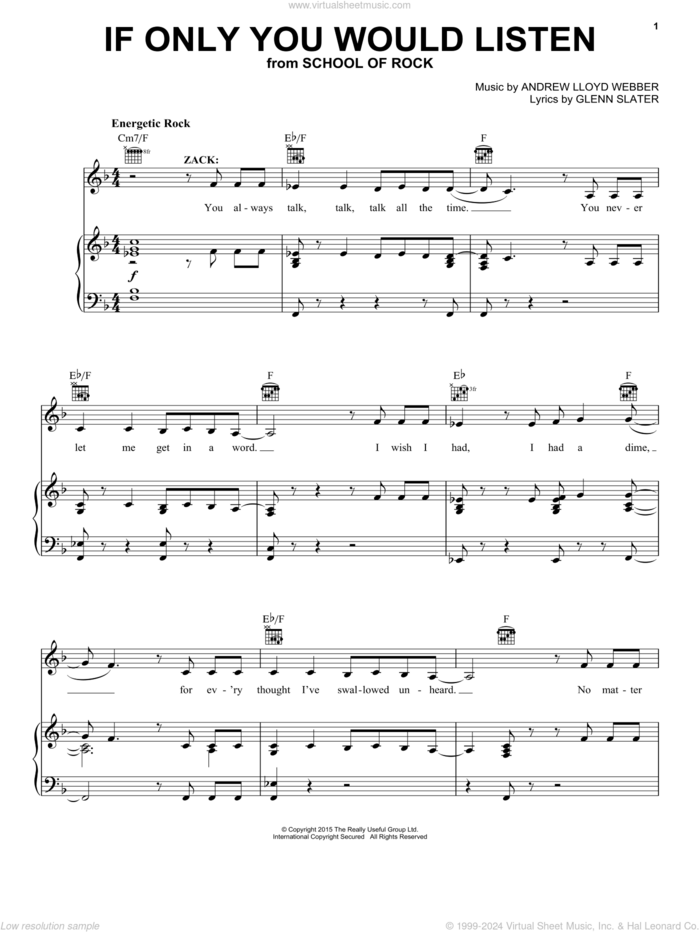If Only You Would Listen (from School of Rock: The Musical) sheet music for voice, piano or guitar by Andrew Lloyd Webber and Glenn Slater, intermediate skill level