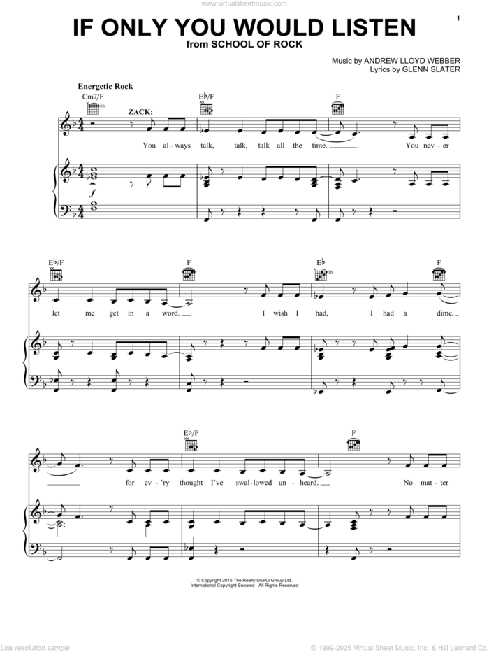 If Only You Would Listen (from School of Rock: The Musical) sheet music for voice, piano or guitar by Andrew Lloyd Webber and Glenn Slater, intermediate skill level