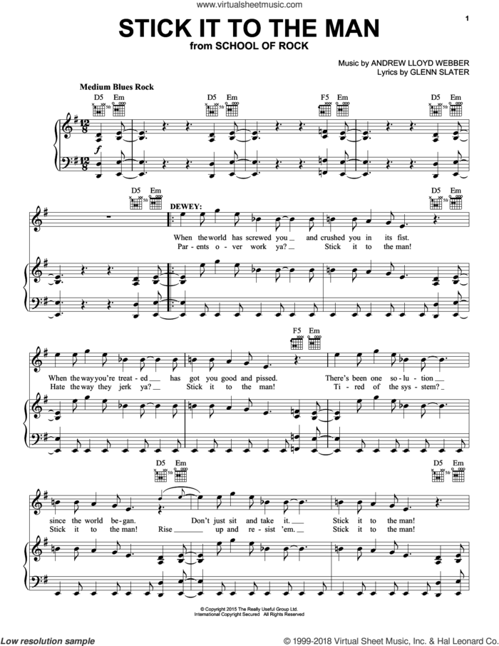 Stick It To The Man (from School of Rock: The Musical) sheet music for voice, piano or guitar by Andrew Lloyd Webber and Glenn Slater, intermediate skill level