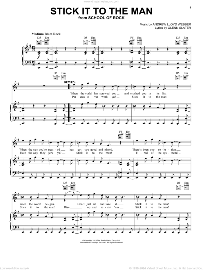 Stick It To The Man (from School of Rock: The Musical) sheet music for voice, piano or guitar by Andrew Lloyd Webber and Glenn Slater, intermediate skill level