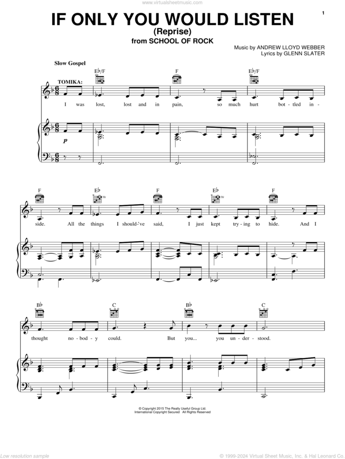 If Only You Would Listen (Reprise) (from School of Rock: The Musical) sheet music for voice, piano or guitar by Andrew Lloyd Webber and Glenn Slater, intermediate skill level