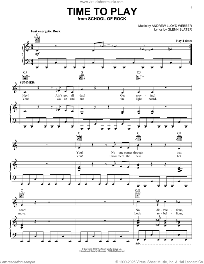 Time To Play (from School of Rock: The Musical) sheet music for voice, piano or guitar by Andrew Lloyd Webber and Glenn Slater, intermediate skill level