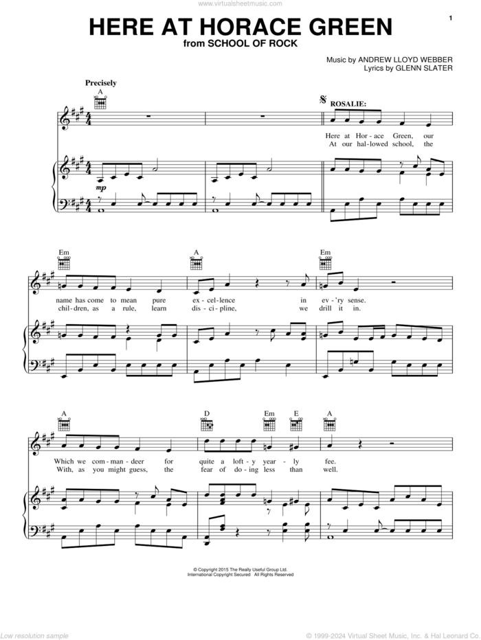 Here At Horace Green (from School of Rock: The Musical) sheet music for voice, piano or guitar by Andrew Lloyd Webber and Glenn Slater, intermediate skill level