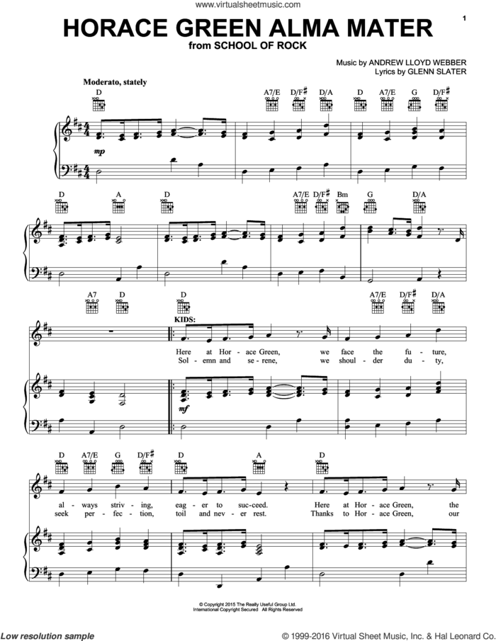 Horace Green Alma Mater (from School of Rock: The Musical) sheet music for voice, piano or guitar by Andrew Lloyd Webber and Glenn Slater, intermediate skill level