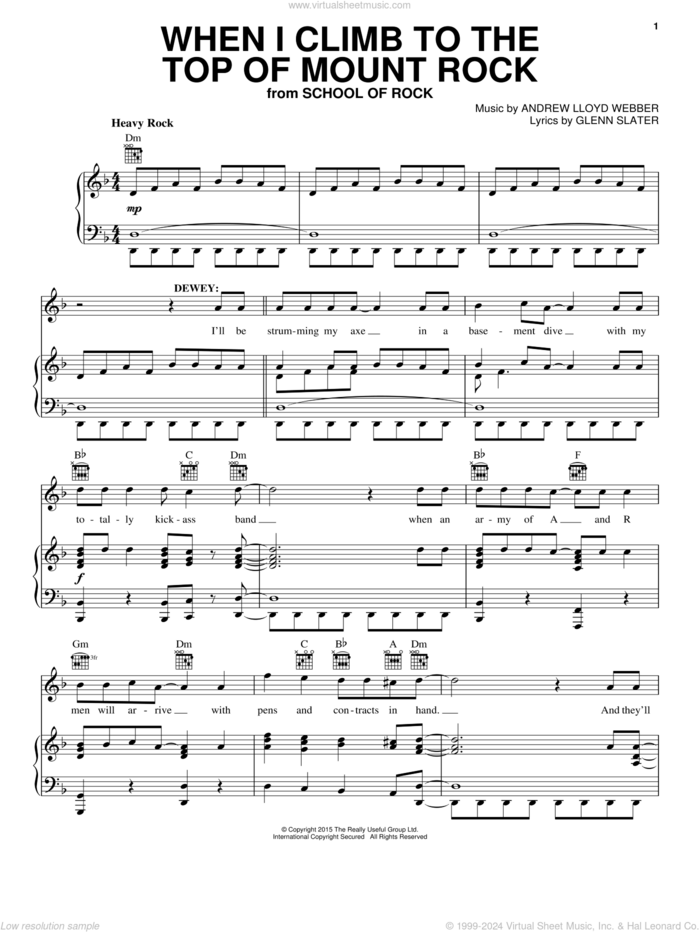 When I Climb To The Top Of Mount Rock (from School of Rock: The Musical) sheet music for voice, piano or guitar by Andrew Lloyd Webber and Glenn Slater, intermediate skill level