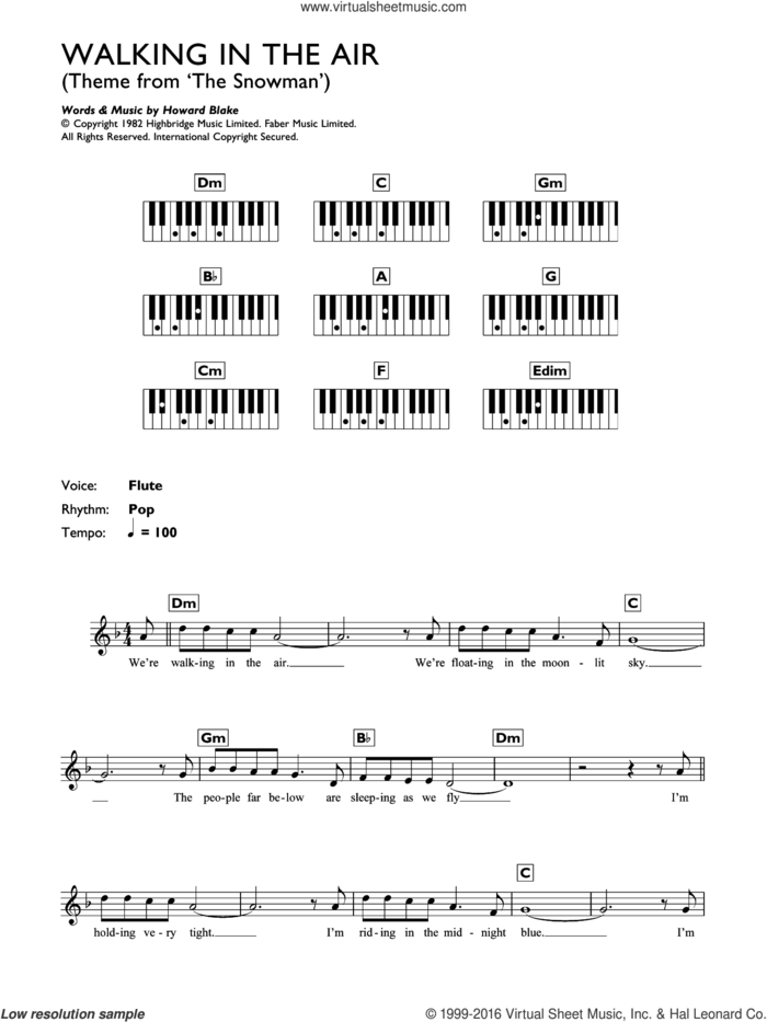 Walking In The Air (theme from The Snowman) sheet music for piano solo (chords, lyrics, melody) by Howard Blake and Aled Jones, intermediate piano (chords, lyrics, melody)